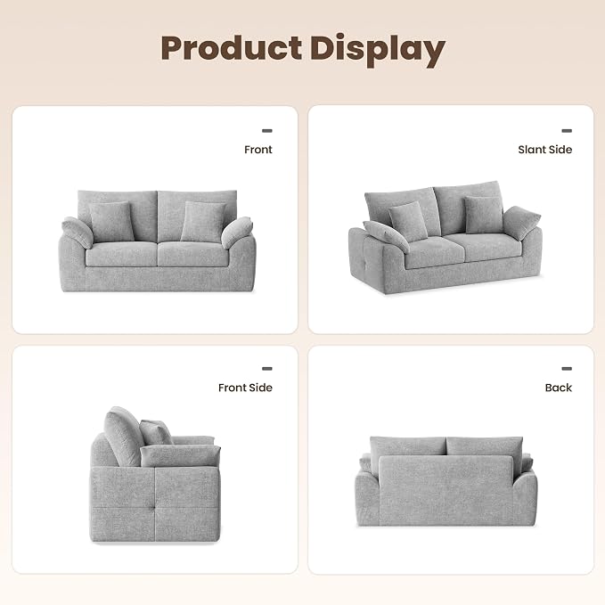 75.6" Boneless Loveseat Sofa, Polyester Fabric 2-Seater Couch with 4 Pillows, No Assembly Required, Soft High Density Foam Cushion, Rectangular Track Arm Sofa for Living Room Bedroom Apartment (Grey)