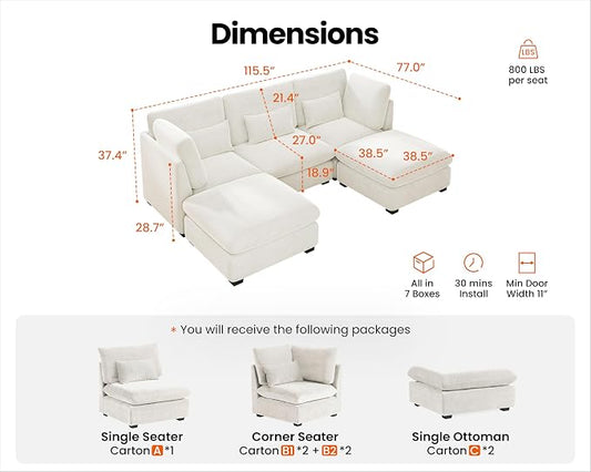 115" Oversized Chenille Couch Modular Sectional Sofa, Washable Cloud Couch Sectional with 2 Ottoman, 5 Seater Sectional Couches for Living Room, Fully Cover Removable, U Shaped, Chenille, White