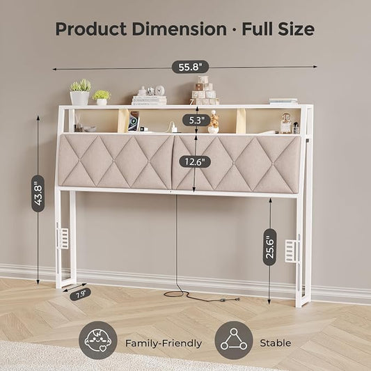 Full Headboard Only, Headboard for Full Size Bed with Storage, Upholstered Headboards with LED Lights & Charging Station, Attach Frame, Ideal for Bedroom/Dorm/Guest Room, White & Beige