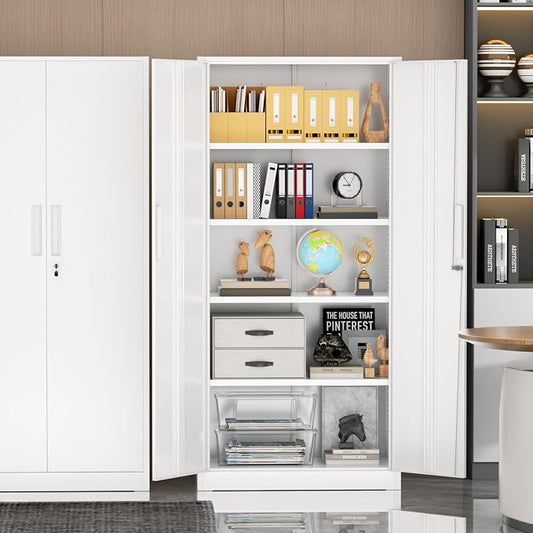 Incbruce 72” Metal Storage Cabinet, Locking Tall Steel Storage Cabinet with 2 Doors and 4 Adjustable Shelves for Garage, Home, Office (White)