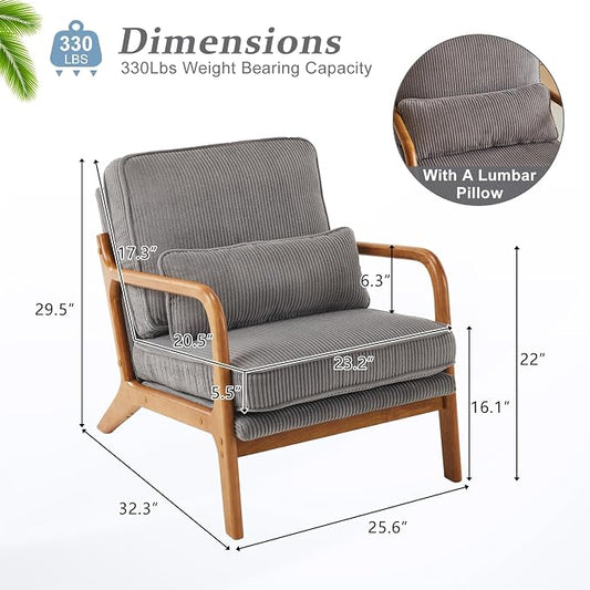 VINGLI Upgraded Premium Corduroy Accent Chair,Upholstered Arm Chair,Solid Wood Comfy Reading Chair with Lumbar Pillow, Mid Century Modern Chairs for Living Room,Bedroom,Guest Room,Light Grey