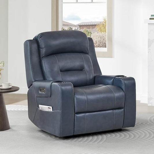 Watson & Whitely Oversized Genuine Leather Power Recliner Chairs for Big and Tall, Extra Wide Lay Flat Recliner with Power Headrest & Cup Holders, Electric Reclining Sofa for Living Room, Navy Blue
