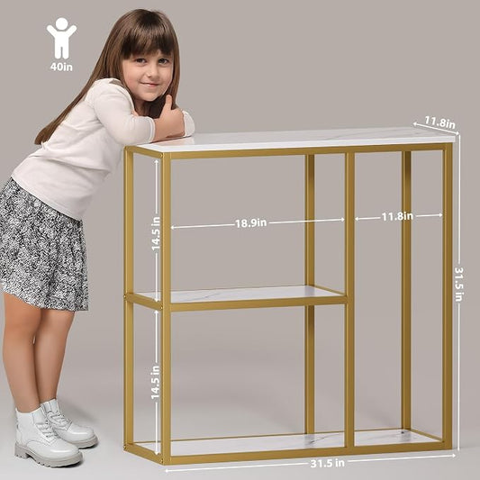 WOHOMO 31.5" Narrow Console Table with 3-Tier Storage, Industrial Sofa Table for Entryway, Living Room & Hallway - Gold Marble Faux Top, Sturdy Metal Frame