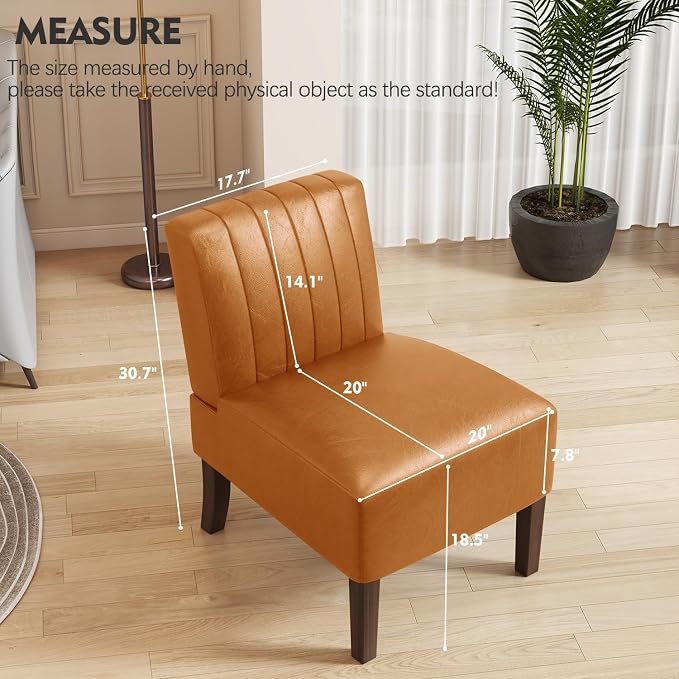 Armless Accent Chairs Upholstered Dining Chairs Living Room Chairs with Solid Wood Legs Leather Reading Chair for Adults Comfy Chair for Bedroom Vanity Kitchen (Brown)