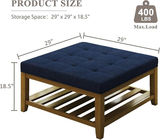 Befurtori Large Square Ottoman Coffee Table, Linen Solid Upholstered Footrest Ottoman with Solid Wood Shelf Storage Tufted Coffee Table for Bedroom Living Room, Navy Blue