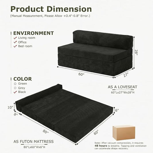 5-in-1 Convertible Sofa Bed, Boneless Couch Loveseat with Removable Cushions & Washable Cover, Futon Sofa Bed with Handle, Pull Out Couch for Small Spaces, Queen Size, Black
