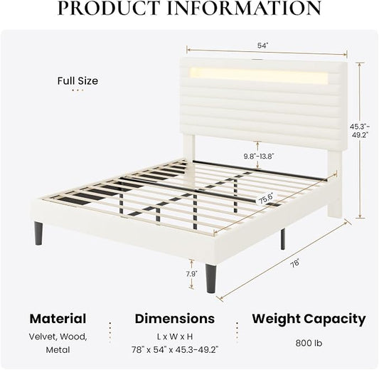 SHA CERLIN Full Bed Frame with LED Light & 2-Tier Storage Shelf, Velvet Upholstered Adjustable Headboard with Charing Station, Horizontal Channel Tufted, No Box Spring Needed, Easy Assembly, Cream