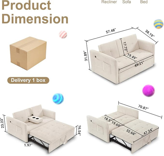 57.48" Convertible Sofa Bed with Cup Holder, Pull Out Sleeper Sofa Bed with USB Charging Ports, 3 in 1 Convertible Sleeper Sofa Bed for Living Room, Apartment, Bedroom, RV, Beige