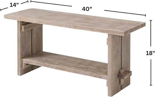 Alaterre Furniture Bethel Entryway Bench with Storage Shelf – Rustic Farmhouse 40-Inch Solid Acacia Wood Seat for Mudroom, Foyer or Hallway (Driftwood Finish)
