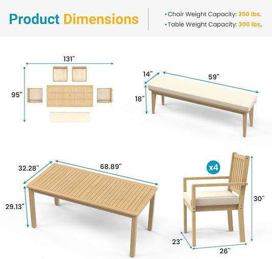 FansaFurn 6 Pieces Acacia Outdoor Patio Table and Chairs Set for 6, Outdoor Dining Table Set with Cushion, Modern Outdoor Patio Furniture Set for Backyard Garden Deck Lawn, Beige