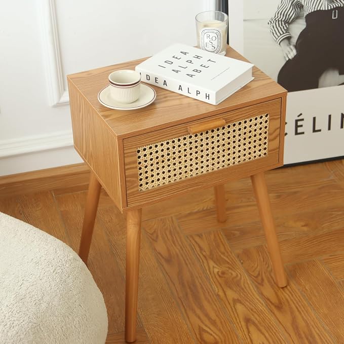 AWASEN Mid Century Nightstand, Rattan Side Table with Drawer, Modern Bedside Table with Storage and Solid Wood Legs for Living Room, Bedroom and Small Space (Brown)