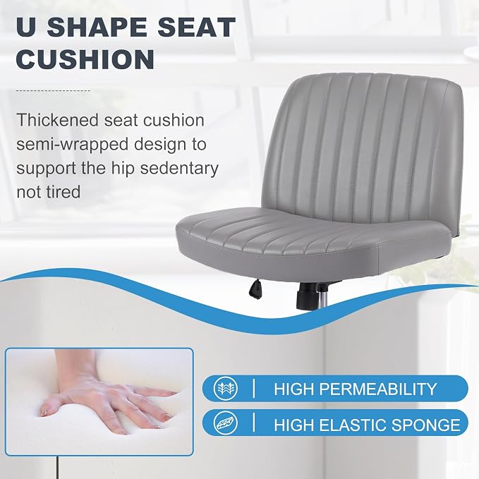OLIXIS Criss Cross Legged Chairs Armless No Wheels Wide Seat Height Adjustable Swivel Padded PU Leather Home Office Desk Chair for Bedroom, Student, Study Room,Grey
