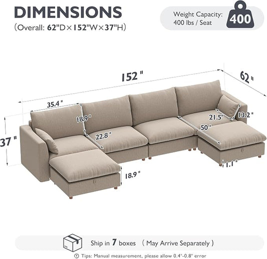 Ihanherry 152" Oversized Modular Sectional Sofa, Modern U Shaped Cloud Couch with 2 Storage Ottoman, 6-Seat Comfy Chenille Deep Seat Sofa with 2 Pillows for Living Room, Khaki