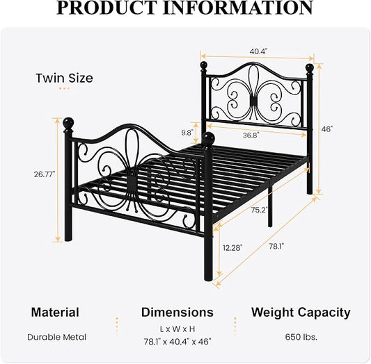 SHA CERLIN Twin Size Bed Frame for Kids,Metal Bed Frame with Butterfly Pattern Design Headboard and Footboard,No Box Spring Needed,Easy Assembly,Black