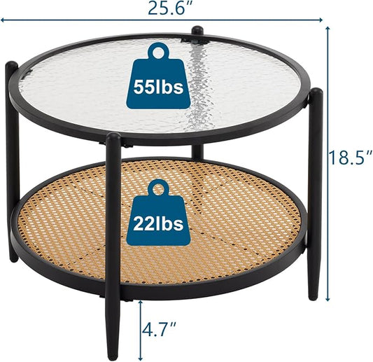 VINGLI 25.6" Black Rattan Modern Coffee Table with 2-Tier Storage, Round Water-Wave Glass Metal Center Table for Living Room and Small Space