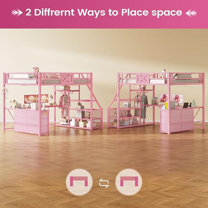 Itaar Full Size Loft Bed with Desk and Storage Stairs, Metal Loft Bed with 6 Storage Drawers, Hall Tree, LED Lights and Power Outlet, for Kids, Teens, Adults, Pink