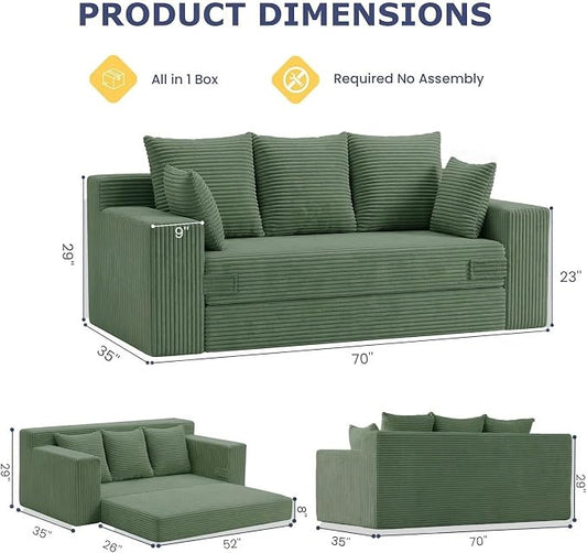 Boneless Couch for Living Room, 3 Seater Convertible Futon Sofa Bed Comfy Pull Out Couch with 5 Pillows & Detachable Washable Cover, Upholstered Floor Sofa in A Box, No Assembly Required, Green