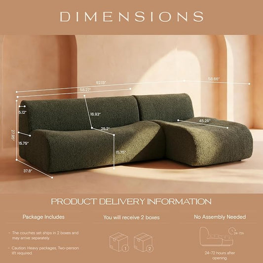 Vothio Curved Sectional Modular Couch with Chaise, Modern 92.13'' Boneless Sofa with Deep Seat, Sherpa Boucle Cloud Couch for Living Room, Cozy Teddy L-Shaped Couches,No Assembly, Green