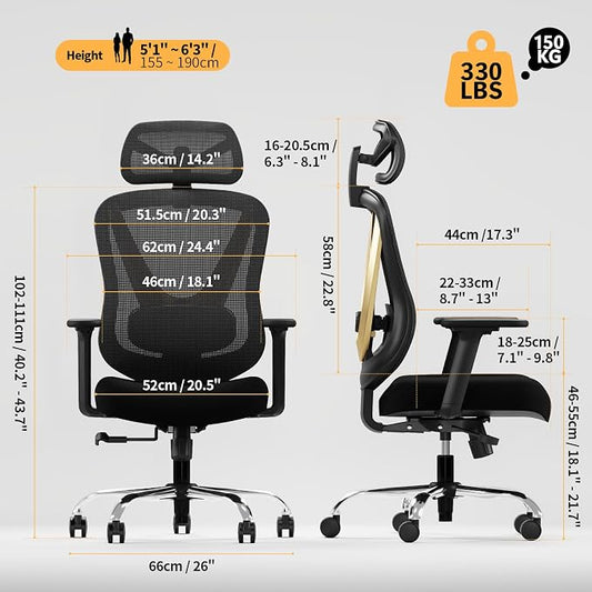 HOLLUDLE Ergonomic Mesh Office Chair - 3D Adjustable Lumbar Support & 3D Armrests, V-Shaped Back, Adjustable Desk Chair for Office & Home, Black and Gold