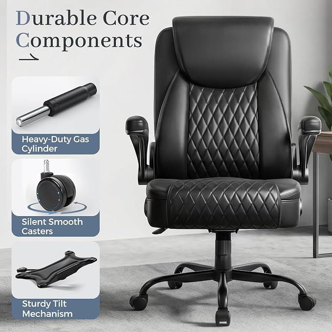 GTPOFFICE Executive Office Chair with Comfortable Lumbar Support, Ergonomic Gaming Chair with Flip-up Armrests & Zoned Pressure-Relief Cushion, Comfy PU Leather Desk Chair, Black
