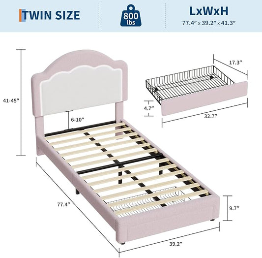 IDEALHOUSE Twin Bed Frame with LED Headboard and Under-Bed Drawer, Boucle Fabric Upholstered Platform Bed with LED Light for Kids, Girls, Wooden Slats Support, No Box Spring Needed, Pink