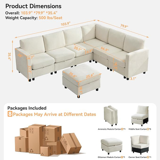 104'' V Shaped Modular Sofa, Sectional Couch with Storage for Living Room, Modern 7 Seater Cloud Sectional Couch with Movable Ottoman, Chenille Beige