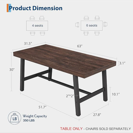 GarveeHome Industrial Dining Table for 4-6 People, 63" Long Kitchen Table with Sturdy Metal Frame, Rectangular Counter for Dinner, Kitchen, Dining Room (Rustic Birch, 63" Non-extendable)