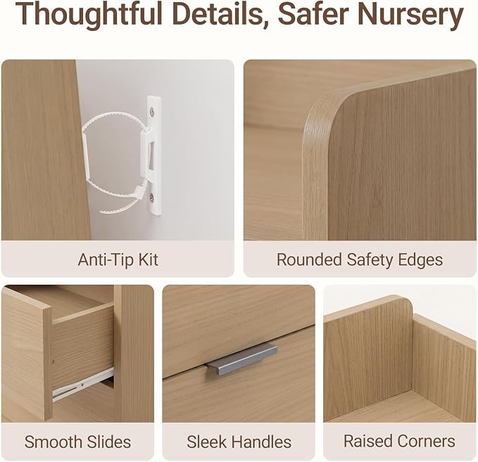 MAMAZING Keeva Pro 6-Drawer Baby Dresser with Changing Table, Easy Assembly | Walnut Wooden Nursery Dresser, Anti-Tip Design & Adjustable Feet, Dresser for Bedroom, Kids & Toddler Storage, 44" Wide