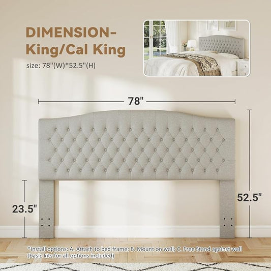 King Headboard Only, Linen Classic Tufted Design, Gray Linen | 2 installation options: 1.bed frame mount 2.wall mount (for adjustable bed), Classic hand-tufted headboard king size
