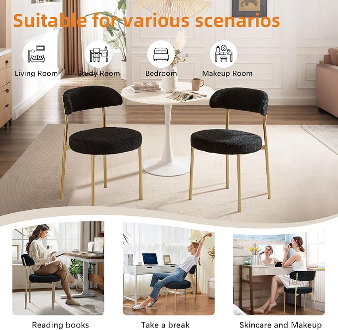 SoarFlash Dining Chairs, Black Boucle Dining Chairs Set of 6, Kitchen Dining Room Chairs Curved Backrest Upholstered Mid Century Modern Chairs with Golden Metal Legs