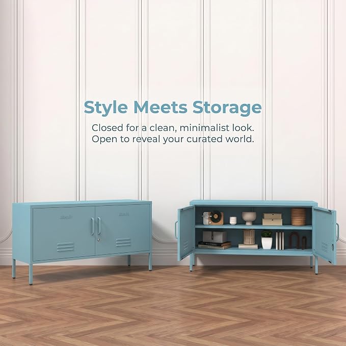 Wide Lockable Metal TV Stand with Accent Cabinet Locker, Heavy Duty Entertainment Center for Bedroom, Adjustable Shelves & 2 Doors, Multifunctional Storage Cabinet for Home 22"H X 35.4"W X 13.8"D