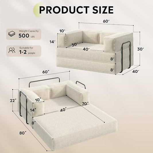 WLIVE 60'' Futon Sofa Bed, Convertible Sleeper Sofa, Folding Pull Out Couch Boneless Mattress with Fixed Frame, Corduroy, Greyish Beige