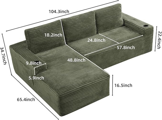 104" L Shaped Boneless Sectional Couches for Living Room, Comfy Corduroy Floor Cloud Sofa with Chaise and Cup Holder, Wide Armrest, Deep Seat, Assembly Free, Ideal for Small Spaces, Green