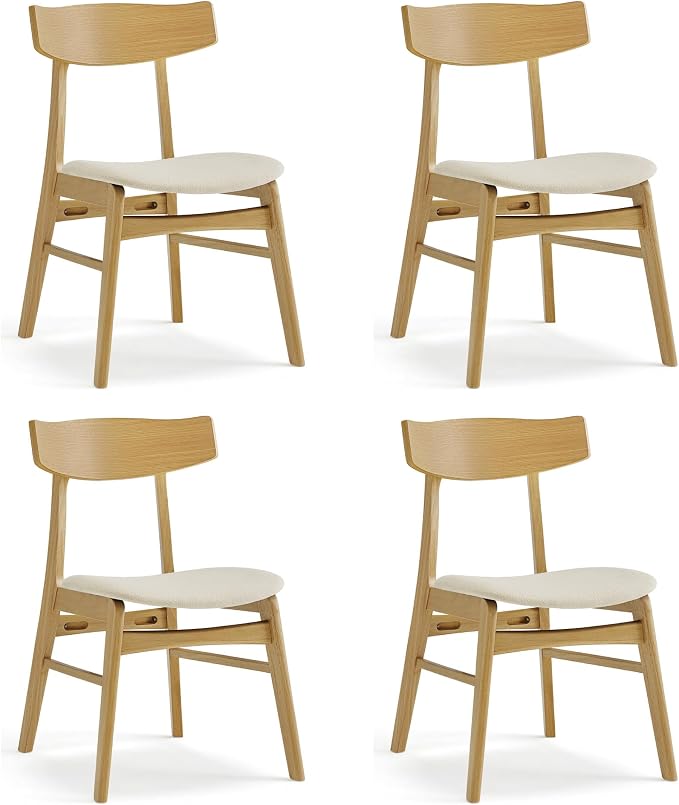 KISLOT Wooden Dining Chairs Set of 4, Upholstered Modern Dining Room Chairs, Mid Century Oak Kitchen Chairs with Curved Wood Backrest for Farmhouse, Restaurant, Cafรฉ (Cream Fabric & Original Color)