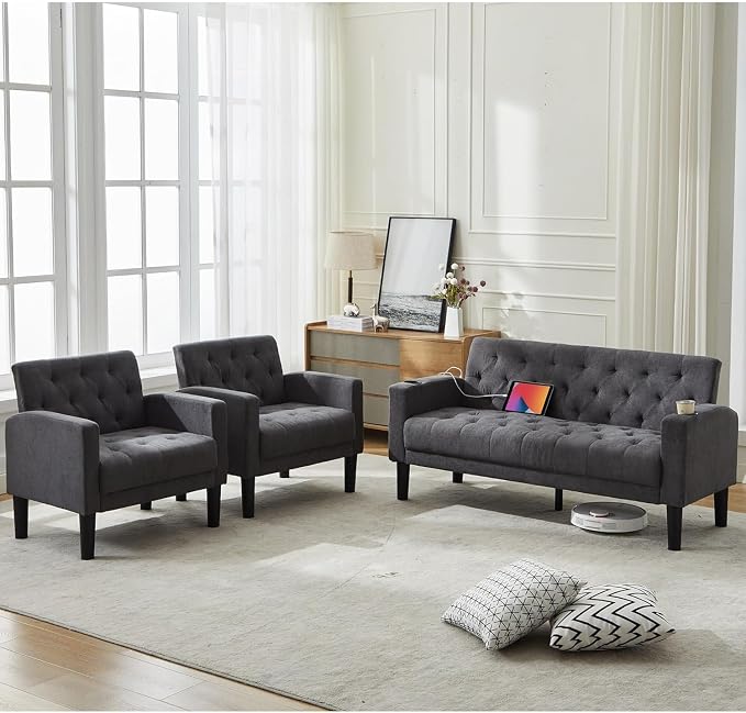TYBOATLE Mid-Century Modern Tufted Loveseat Sofa Set w/ 2 USB & 2 Cupholders, 3 Piece Living Room Furniture Sets, Small Love Seat Couches for Small Space Apartment Bedroom Office