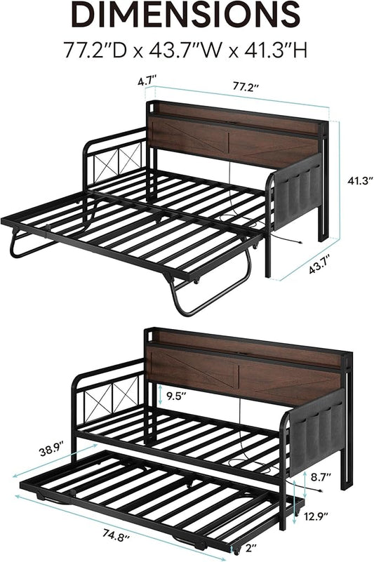 LIKIMIO Twin Daybed, Day Beds with Pop Up Trundle, Storage Headboard with Charging Station, Strong Supports for Apartment and Other Small Space, Dark Brown