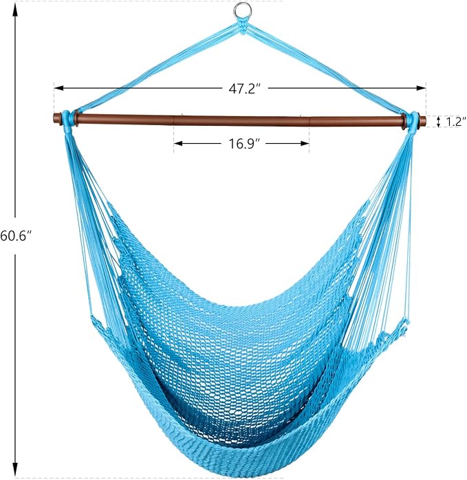 Upgraded Caribbean Hammock Chair with Detachable Metal Bar, Large Hammock Swing Chair, XL Rope Hanging Chair for Outdoor Indoor, 330 LBS Weight Capacity, DeepSkyBlue