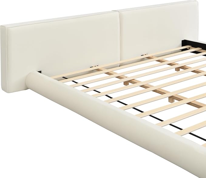 Merax King Size Low Profile Floor-Hugging Platform Bed, Platform Bed Frame with 27.45'' Headboard, 800lb WeightCapacity, Upholstered Modern Bed in Fabric, Cream