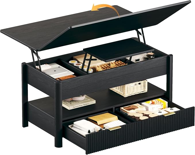 HUAHUU 40" Lift Top Coffee Table with Storage, 4 in 1 Square Coffee Table with Hidden Compartment & Open Shelf & 2 Drawers, Modern Coffee Tables with Lifting Top for Living Room, Home, Office, Black