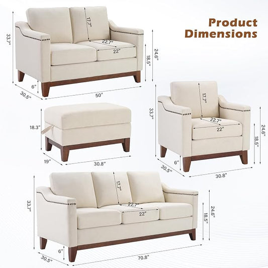 HAOMARKETS 3 Piece Fabric Sofa Set with Nailhead Trim, Included 2 Loveseat 2-Seater Couches with Thicked Cushion and Upholstered Storage Ottoman with Flip-Top Table, Living Room Furniture Set,Beige