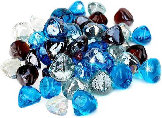 onlyfire 10-Pounds Fire Glass Diamonds for Propane Fire Pit, 1 Inch Blended Firepit Glass Rocks Stones for Gas Fireplace and Fire Pit Table, Caribbean Blue, Crystal Ice and Amber