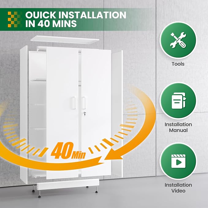 Broom Closet with Lock, Metal Storage Cabinet 36" Wide, 5-Tier Steel Utility Cabinet with Hanging Rod & Doors for Garage, Laundry Room, Warehouse Storage