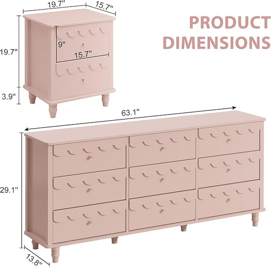 Anbuy Bedroom Sets 9 Drawer Dresser and Night Stand Sets for Bedroom, Two Drawers Nightstand Set of 2 & 9 Drawer Dresser Combo 3 Pieces (Pink)
