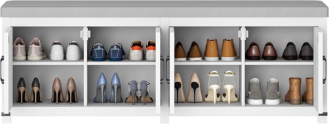 Hzuaneri Shoe Storage Bench, 2 Tier Shoe Bench with Padded Seat Cushion & 4 Barn Doors, 59" Entryway Bench with Adjustable Shelf, Farmhouse Shoe Cabinet for Living Room, Bedroom, White SB31503GY