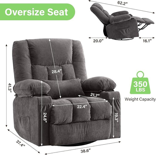 BOSMILLER 360° Swivel Rocker Recliner Chair for Adults,Oversized Recliner Chair with Massage and Heating, Manual Nursery Glider Recliner with Cup Holder and Side Pocket for Living Room, Bedroom,Grey