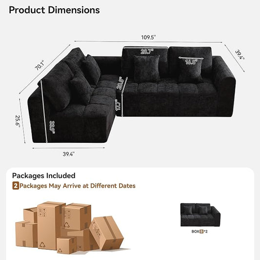 110''Modular Sectional Couches for Living Room, Cloud Boneless Compressed Sofa Left Facing Chaise, Oversized L Shaped 4 Seater Memory Foam Sofa, No Assembly, Chenille Black