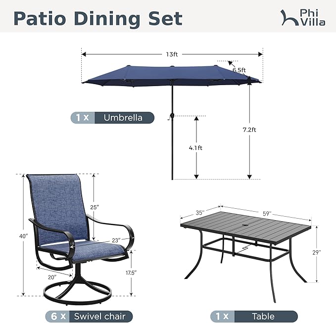 PHI VILLA Outdoor Dining Set with Umbrella for 6, Swivel Mesh Chairs | Includes 1 rectangle metal table, 6 textilene chairs and 13ft blue umbrella(NO BASE), designed for deck, backyard, garden