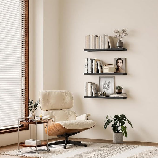 BAYKA Floating Shelves for Wall, Set of 3, 35.4 Inches Long Black Wall Mounted Rustic Wood Shelves for Bathroom, Bedroom, Living Room or Kitchen, for Book/Storage/Decor with 30lbs Capacity