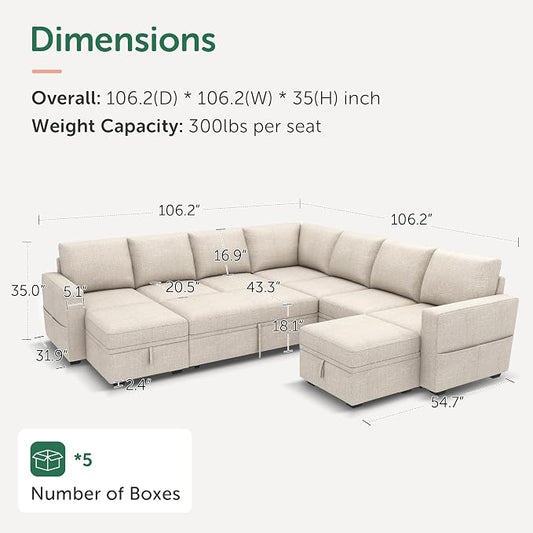 HONBAY Modular Sectional Sleeper Sofa with Pull Out Couch, Oversized U Shaped Sleeper Pull Out Bed with Storage Sectional Couches for Living Room - Beige