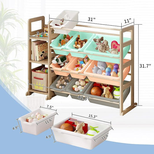 Toy Storage Organizer - Toy Organizers and Storage with Bookshelf, Toy Storage Shelf with 3 Shelves and 12 Storage Bins, Kids Bookshelf and Toy Storage for Kids Room, Playroom, Nursery, Multi color
